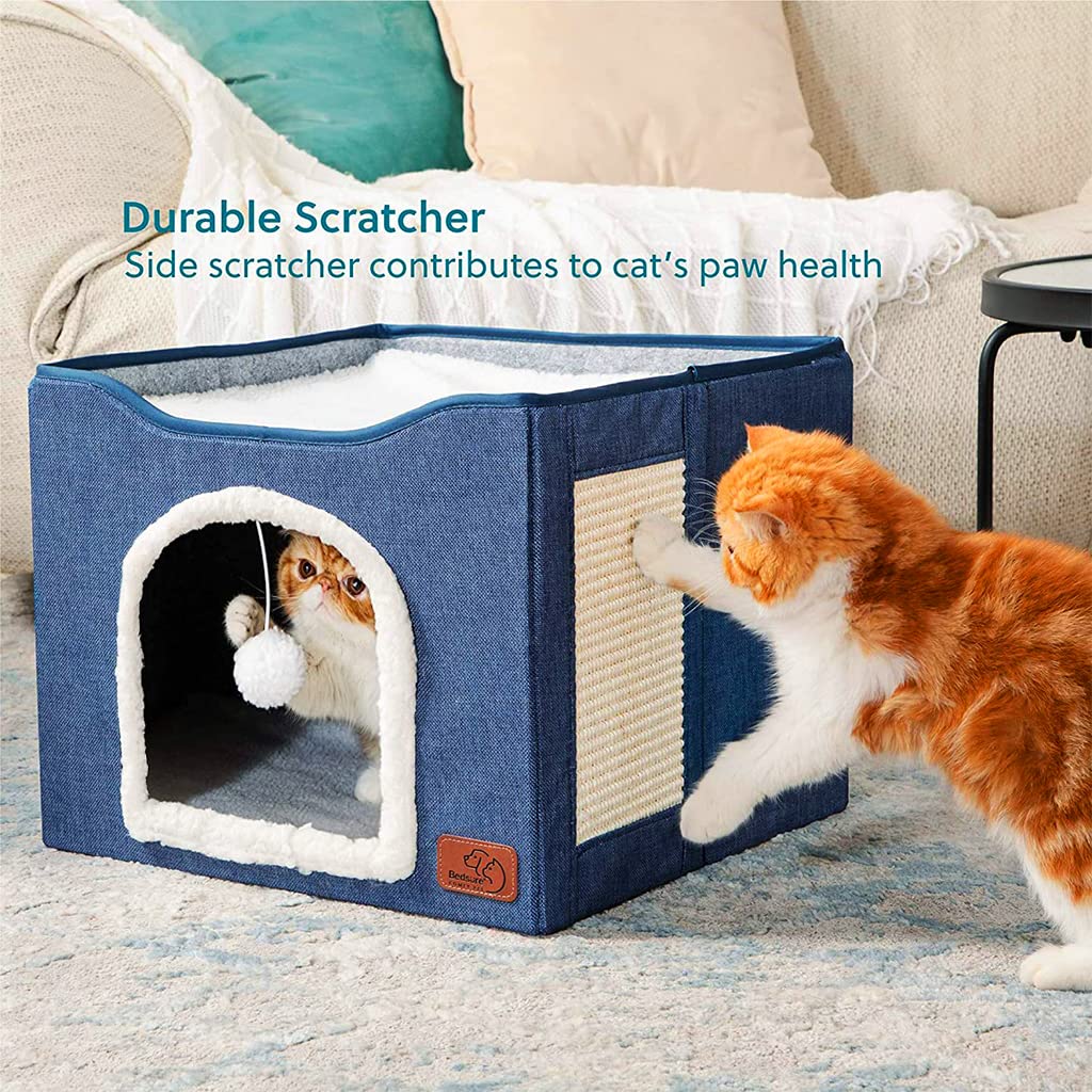 Qpets Cat Beds for Cats Large Cat House Cat Cave for Pet Cat House with Fluffy Ball Hanging Toy and Scratch Pad, Foldable Cat House Cat Hidewawy, Blue, 16.5x16.5x14 inches Qpets Cat Beds for Cats Large Cat House Cat Cave for Pet Cat House with Fluffy Ball Hanging Toy and Scratch Pad, Foldable Cat House Cat Hidewawy, Blue, 16.5x16.5x14 inches